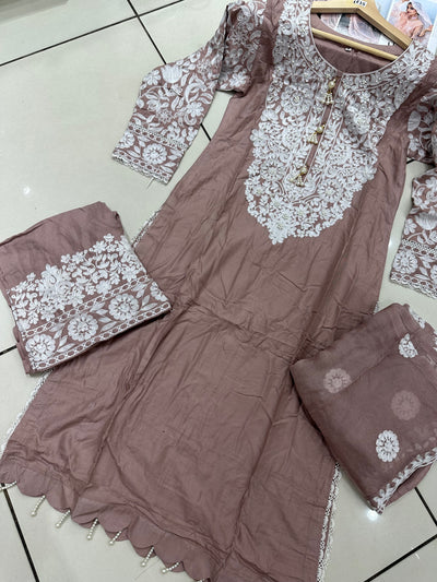 S Creations ‘Hiba’ | Embroidered Linen Readymade | SC108 (Brown)