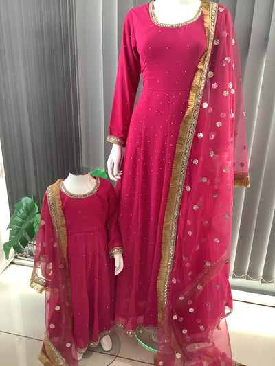 ASHA | Embroidered Chiffon Dress Mother & Daughter Readymade Pink | AS63