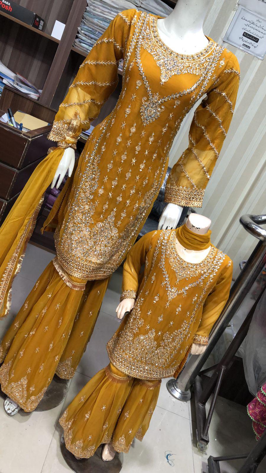 ShaZaib | Embroidered Chiffon Shararah Mother & Daughter Readymade | SZ191 (Mustard)