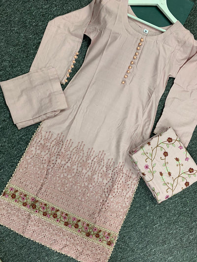 S Creations ‘Adina’ | Embroidered Dhanak Readymade | SC151 (Peach)