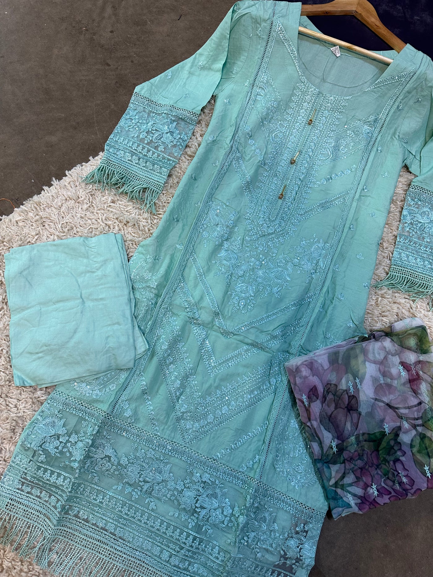 S Creations ‘Muskaan’ | Embroidered Linen Readymade | SC105 (Turquoise)