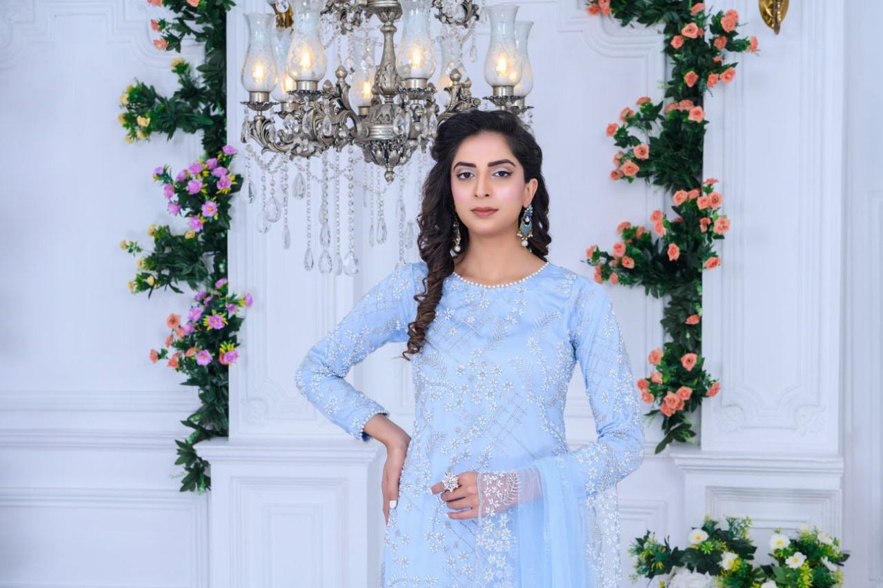 S Creations ‘Maya’ | Embroidered Net Formal Readymade | SC134 (Sky Blue)