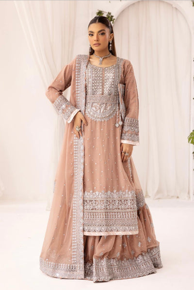 SIMRANS ‘Sanam’ | Embroidered Chiffon Farshi Readymade | SM649 (Peach)