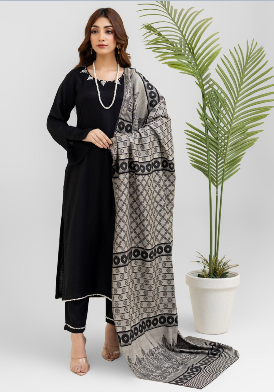 Black Embroidered Dhanak Wool Shawl Readymade | RGZ009