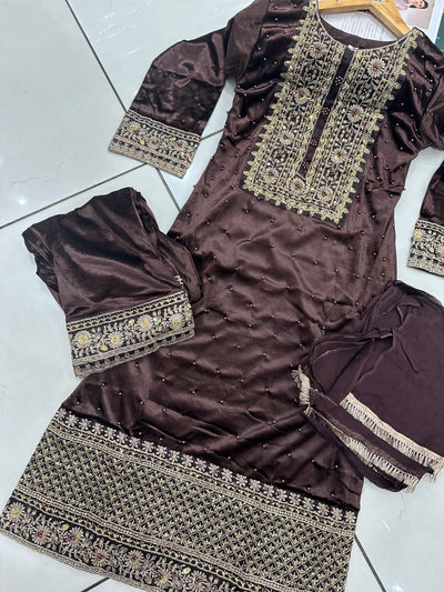 Brown Embroidered Korean Velvet  Readymade | RGZ007 Womenswear Dress