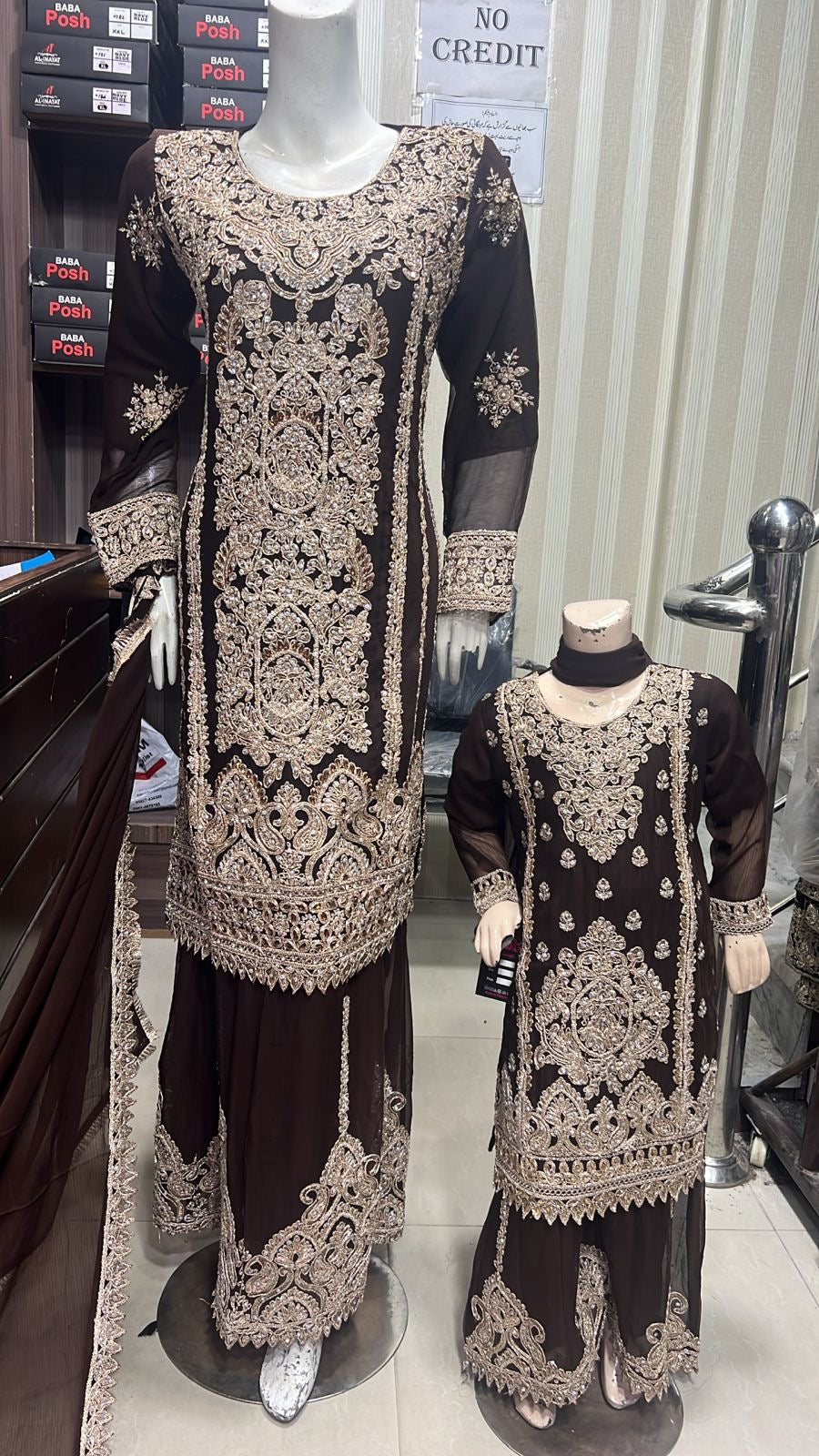 ShaZaib | Embroidered Chiffon Shararah Mother & Daughter Readymade | SZ197 (Brown)