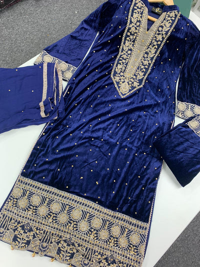 S Creations ‘Hina’ | Embroidered Velvet Readymade | SC137 (Navy)