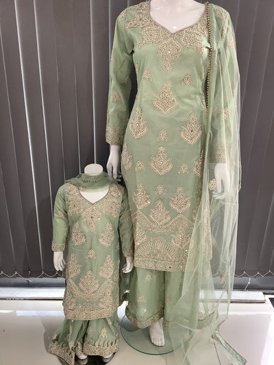 ASHA | Embroidered Net Dori Work Mother & Daughter Dress Ready To Wear Light Green| AS67