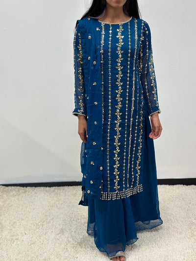 S Creations | Embroidered Chiffon Mother & Daughter Readymade | SC084 (Navy)