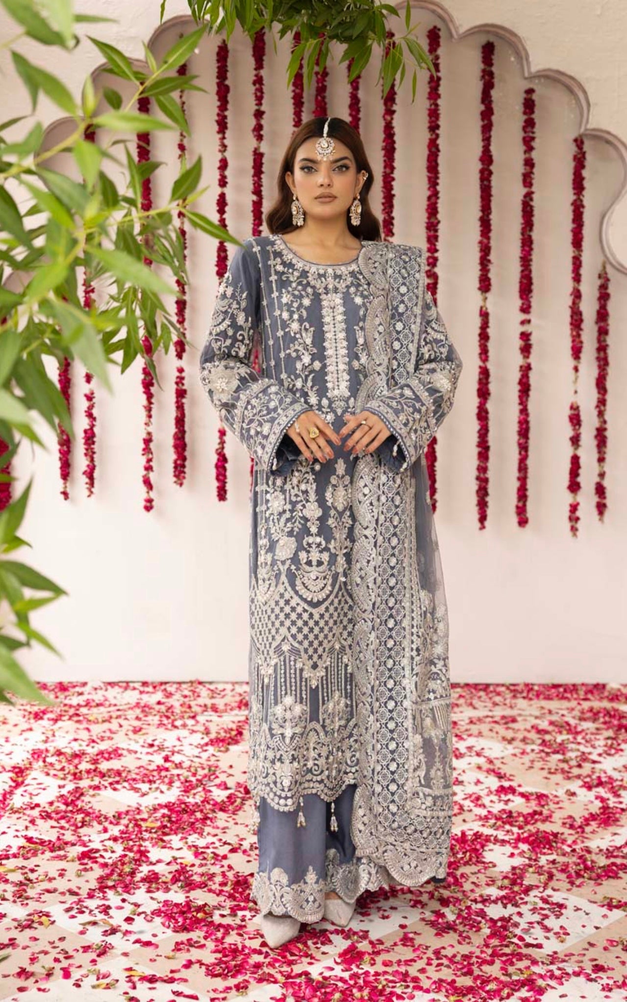 ‘Imrozia Inspired’ | Embroidered Net Readymade | SM667 (Dusty Blue)