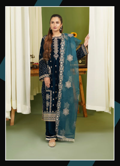 SIMRANS ‘Makhmali’ | Embroidered Velvet Fancy Dupatta Readymade | SM716 (Teal)