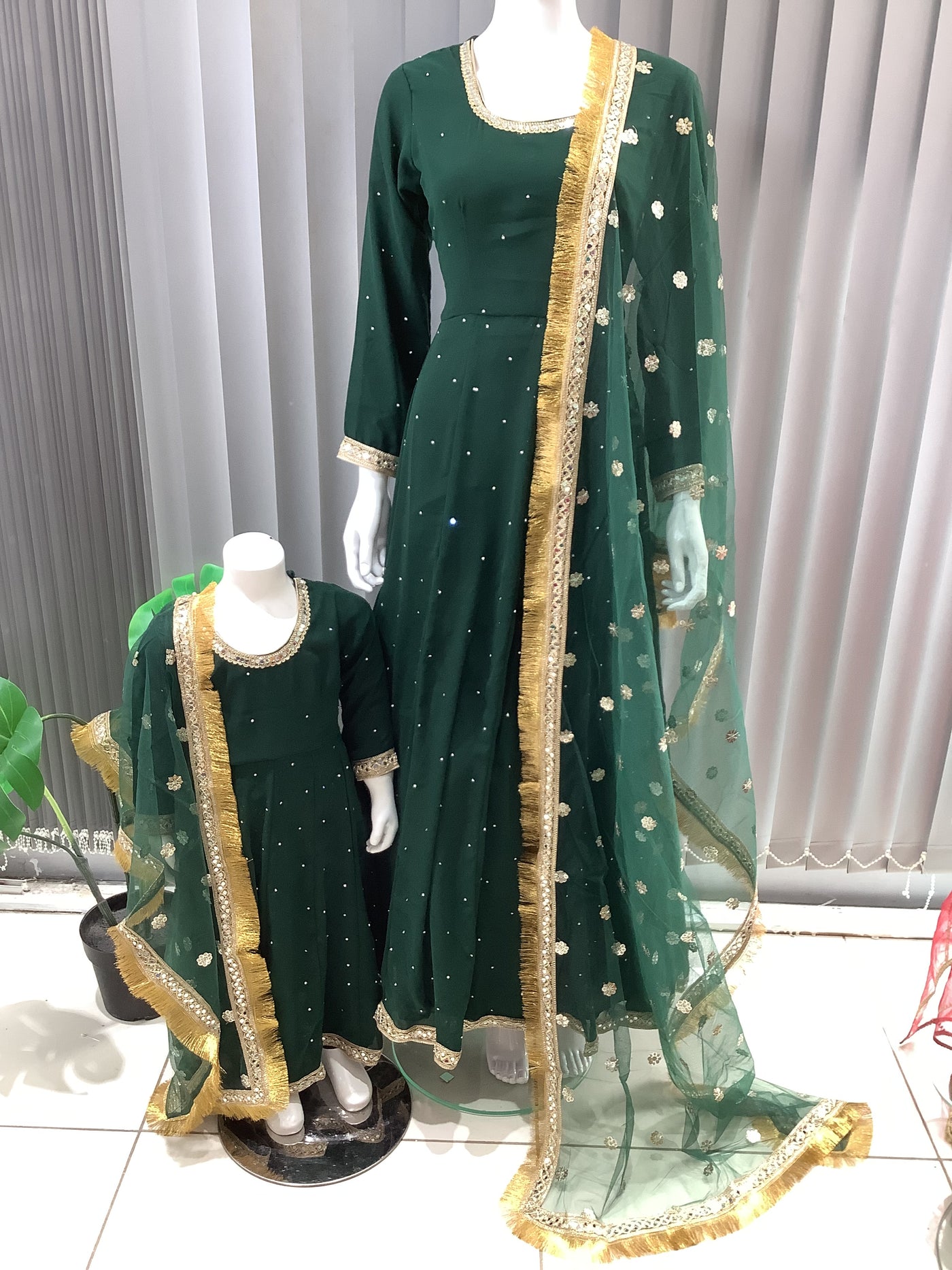 ASHA | Embroidered Chiffon Dress Mother & Daughter Readymade Green | AS63