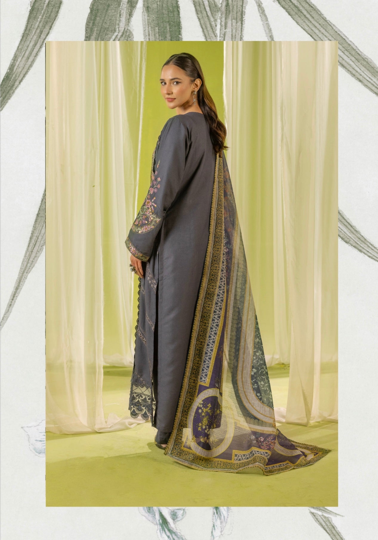 SIMRANS ‘Maria’ | Embroidered Linen Readymade | SM753 (Grey)