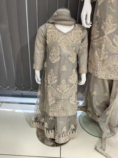 ASHA | Embroidered Net Dori Work Mother & Daughter Dress Ready To Wear Grey| AS67