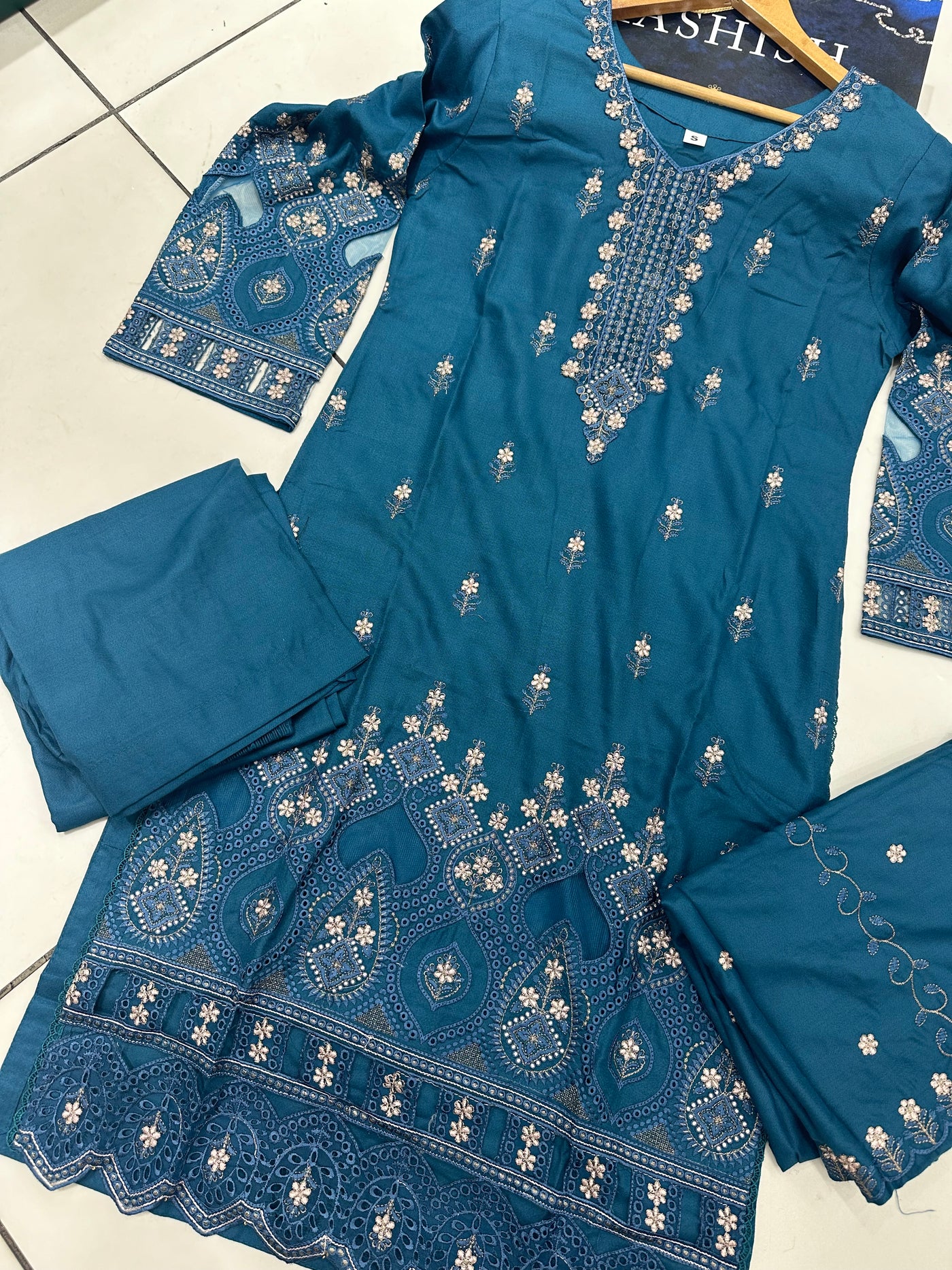 S Creations ‘Larisa’ | Embroidered Dhanak Readymade | SC150 (Teal)