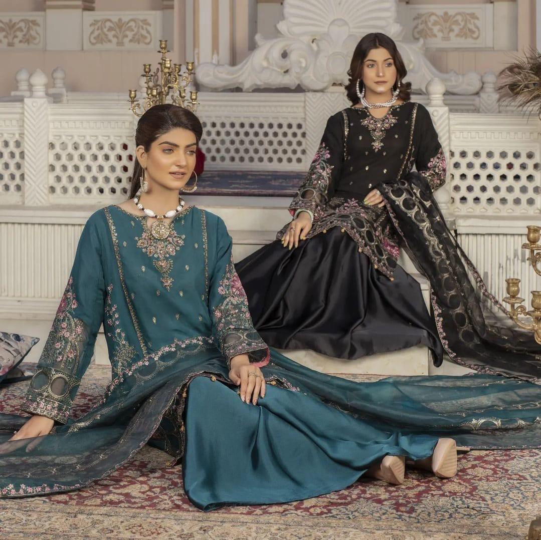 SIMRANS ‘Eliza’ | Embroidered Chiffon Shararah Readymade | SM746 (Teal)