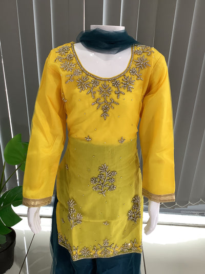 ASHA | Embroidered Hand Work Kids Ready To Wear Yellow And Teal Green| AS61