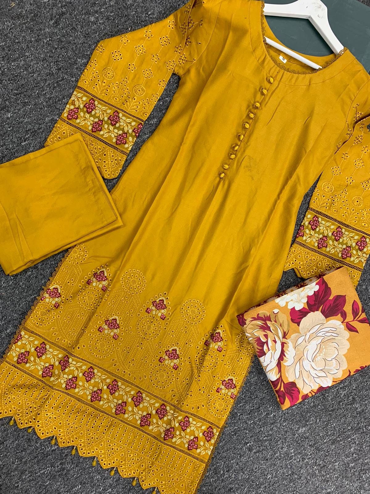 S Creations ‘Kaia’ | Embroidered Dhanak Readymade | SC152 (Mustard)