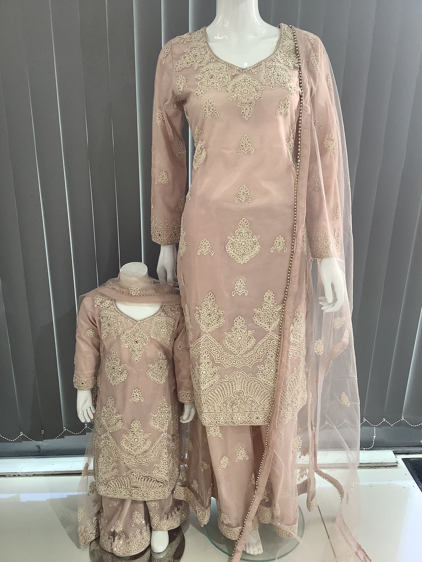 ASHA | Embroidered Net Dori Work Mother & Daughter Dress Ready To Wear Dusty Pink| AS67