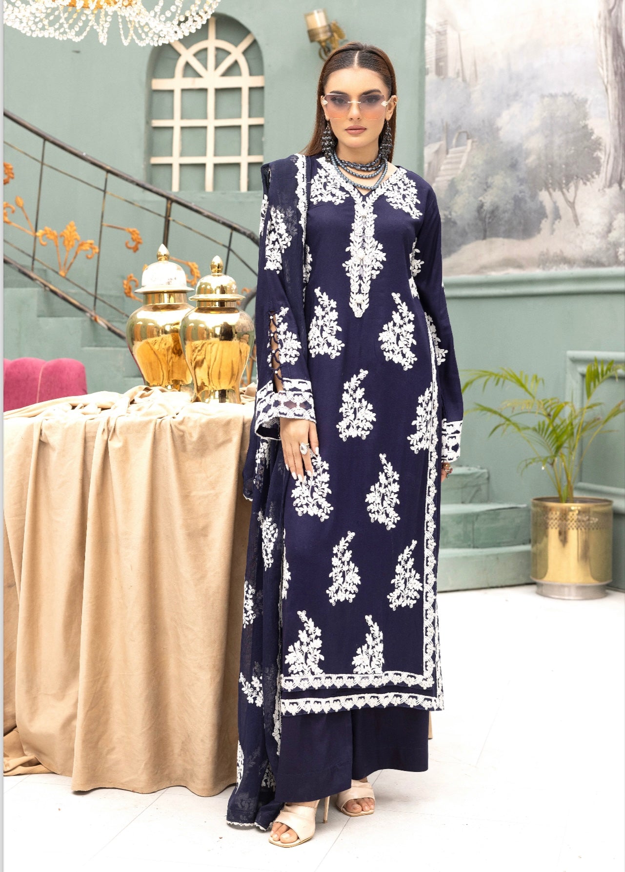 SIMRANS ‘Zahra Noor’ | Embroidered Linen Readymade | SM680 (Navy)