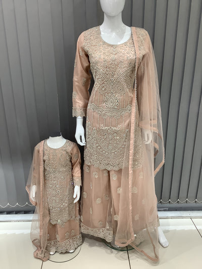 ASHA | Embroidered Net Mother & Daughter Ready To Wear Peach | AS74