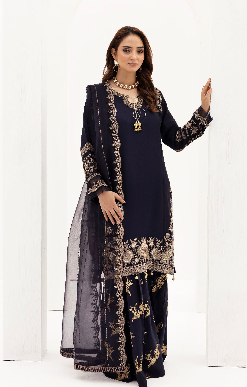 SIMRANS ‘Eliza’ | Embroidered Chiffon Shararah Readymade | SM744 (Navy)