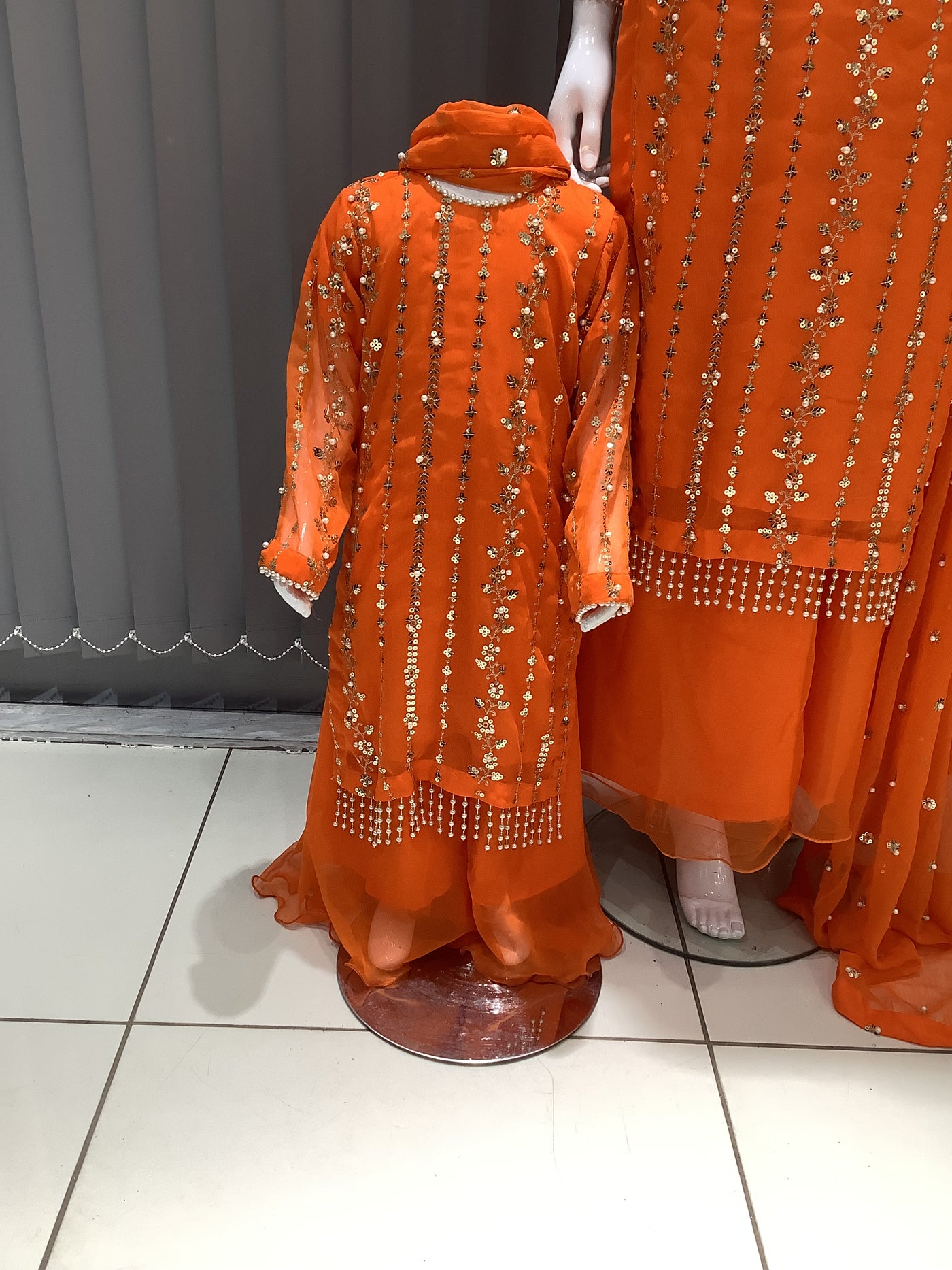 S Creations | Embroidered Chiffon Mother & Daughter Readymade | SC084 (Orange)