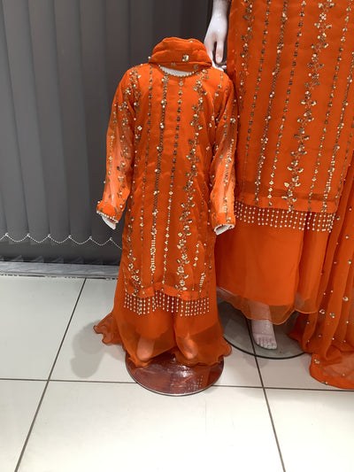 S Creations | Embroidered Chiffon Mother & Daughter Readymade | SC084 (Orange)