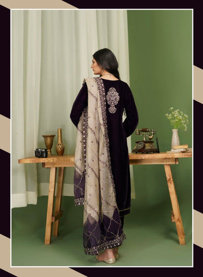 SIMRANS ‘Makhmali’ | Embroidered Velvet Fancy Dupatta Readymade | SM717 (Purple)