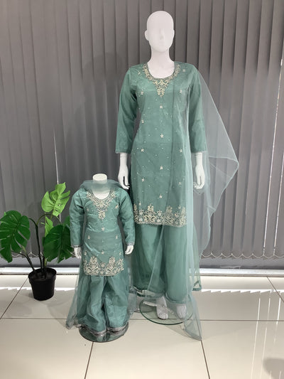 ASHA | Embroidered Hand Work Mother & Daughter Ready To Wear Teal | AS60