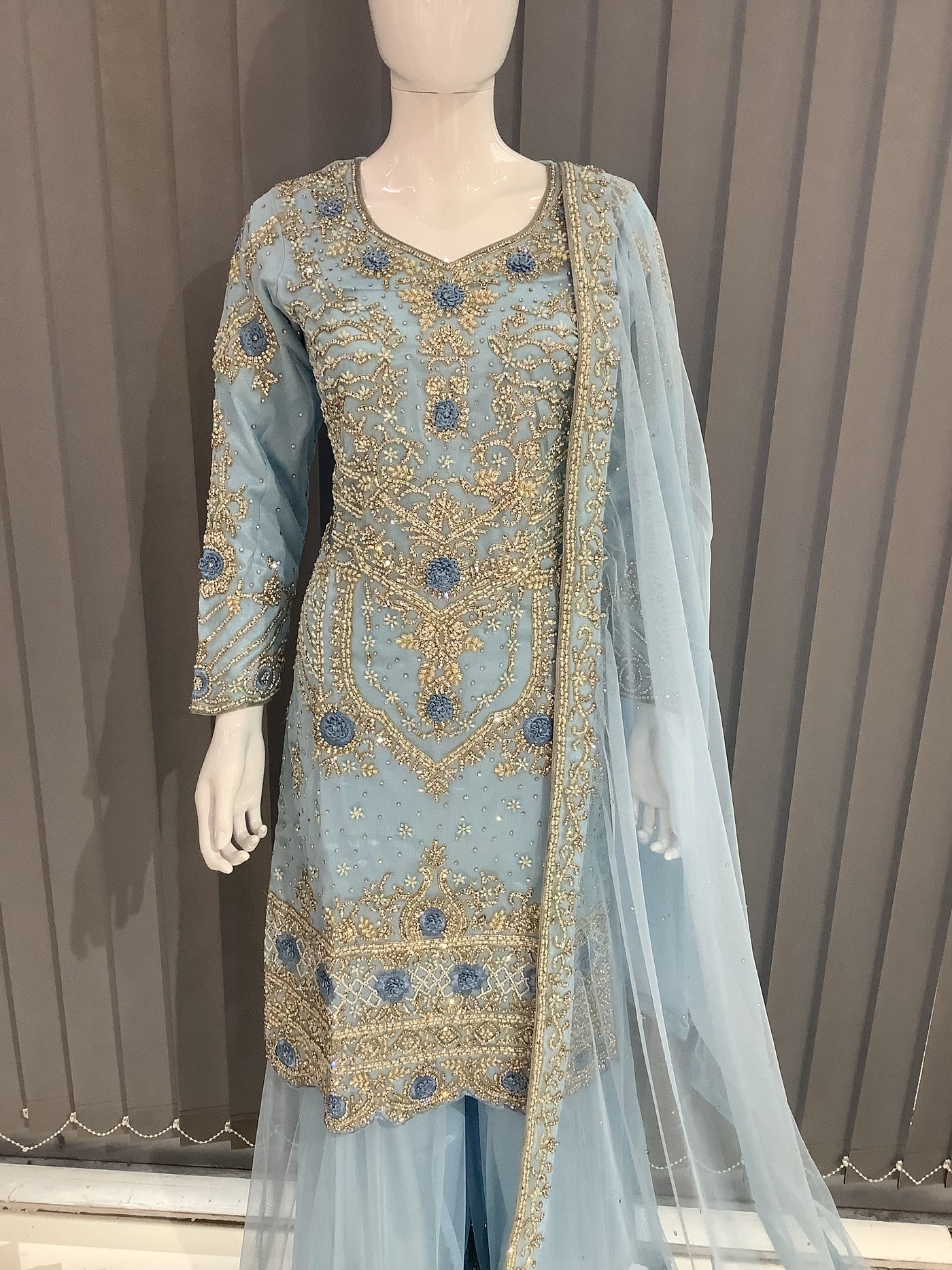 ASHA | Embroidered Dori Work Net Ready To Wear Light Blue | AS68