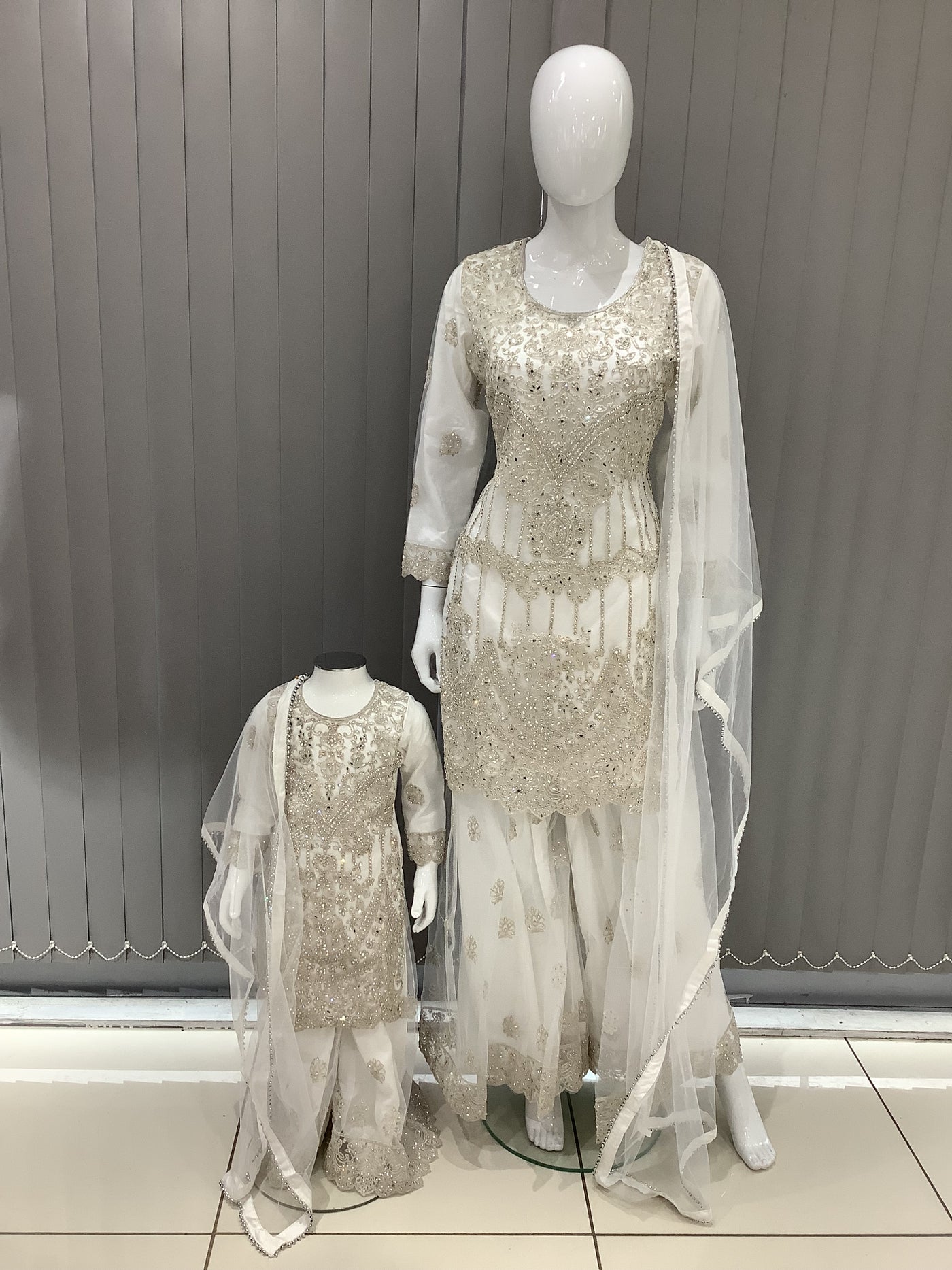 ASHA | Embroidered Net Mother & Daughter Ready To Wear White| AS74