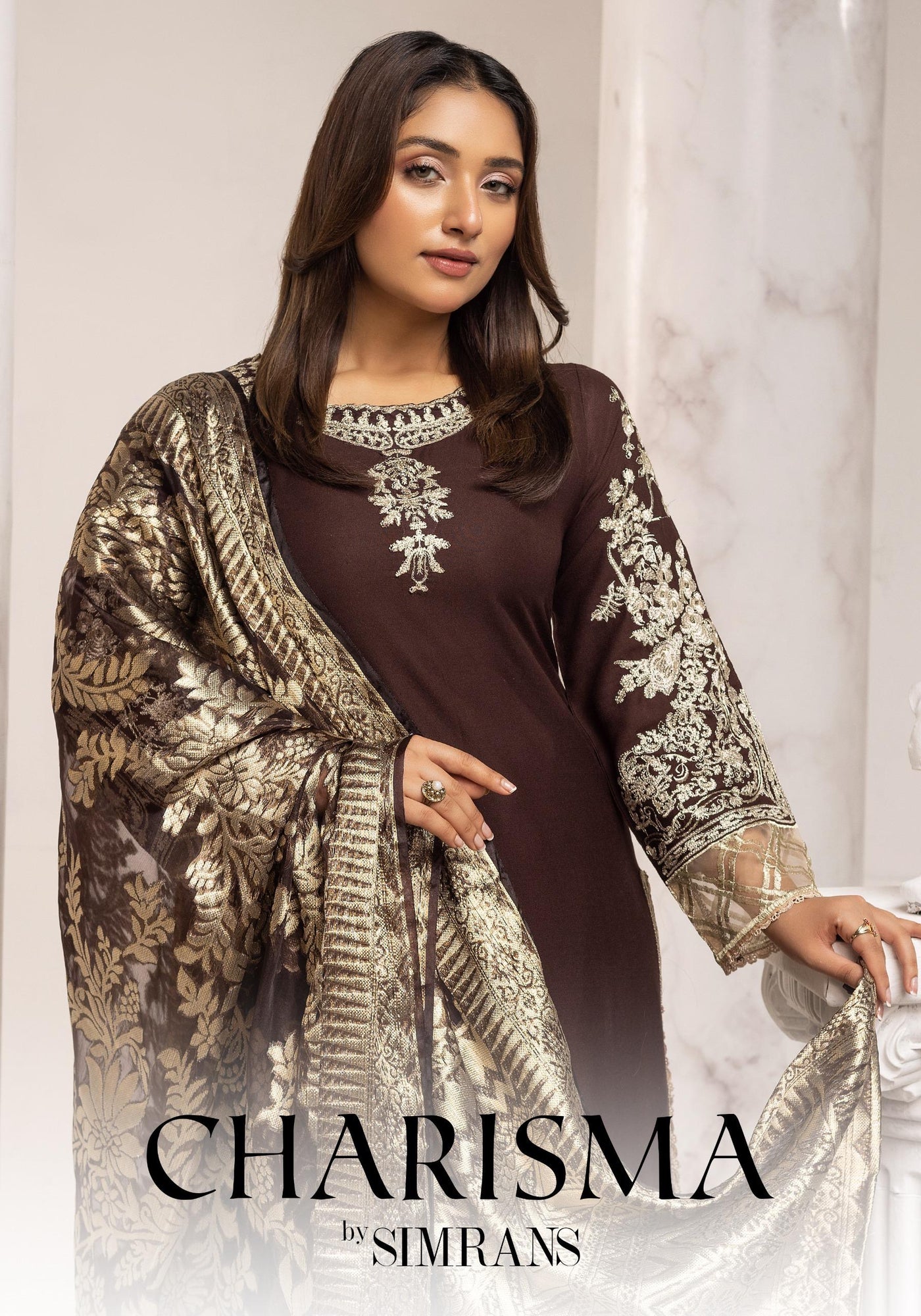 SIMRANS ‘Charisma Lux’ | Embroidered Dhanak Fancy Dupatta Readymade | SM732 (Brown)