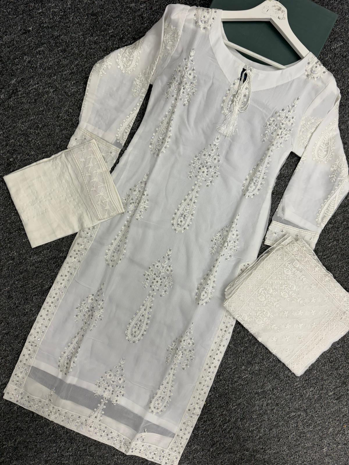 KHADIJAH’S | Embroidered Chiffon 3pc Readymade | KJ171 (White)