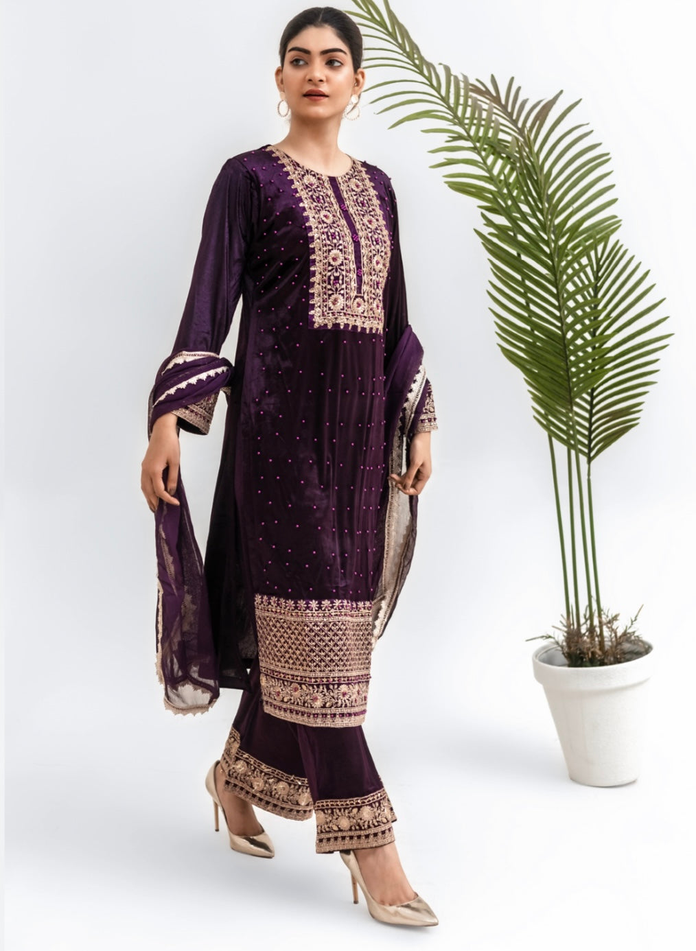 Purple Embroidered Korean Velvet  Readymade | RGZ007 Womenswear Dress