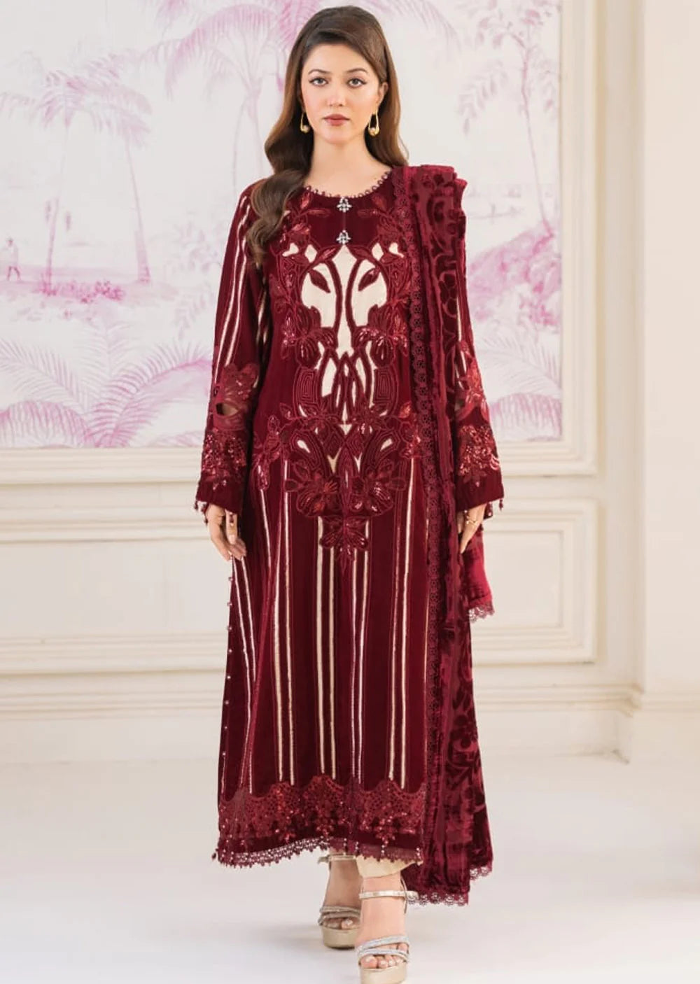 Maria B Inspired | Embroidered Velvet Readymade  | AL470 (Maroon)