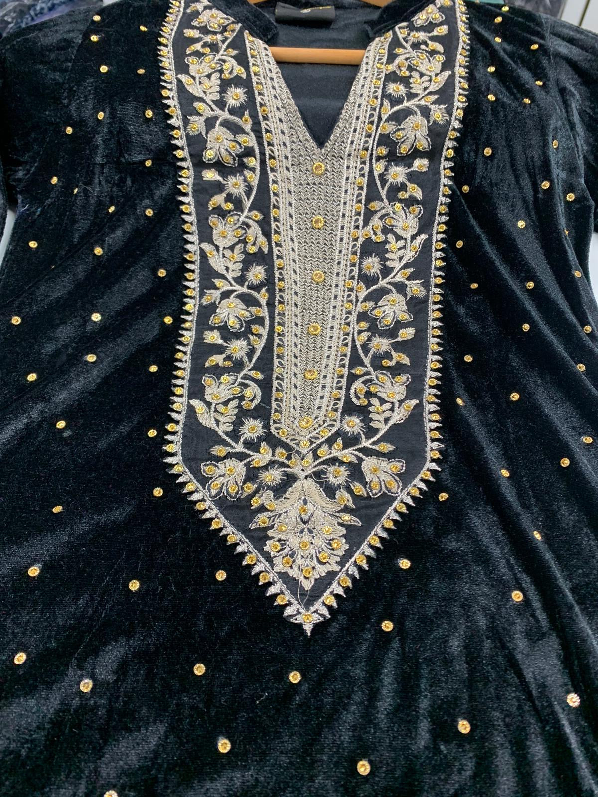 S Creations ‘Hina’ | Embroidered Velvet Readymade | SC137 (Black)