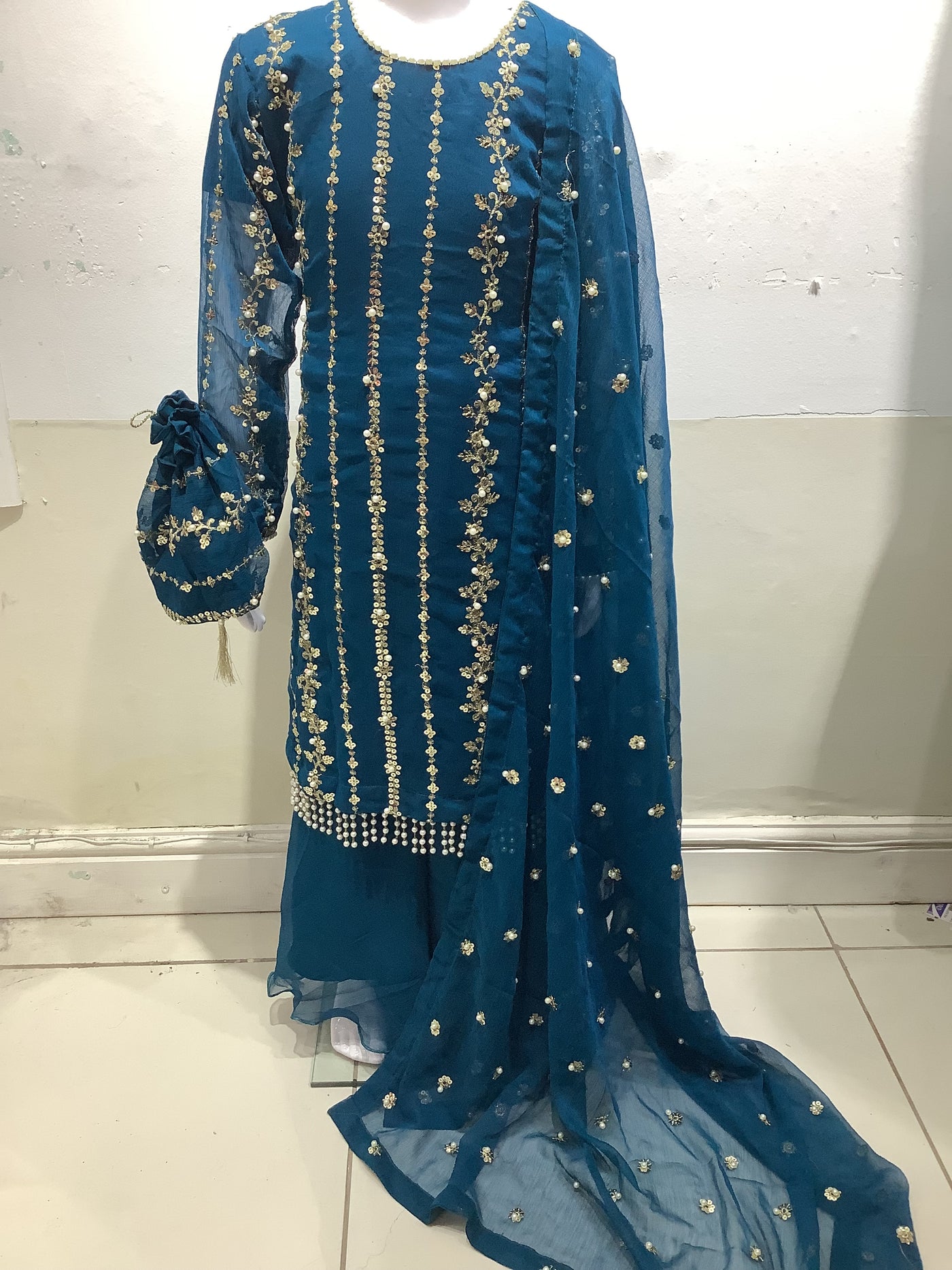 S Creations | Embroidered Chiffon Mother & Daughter Readymade | SC084 (Navy)