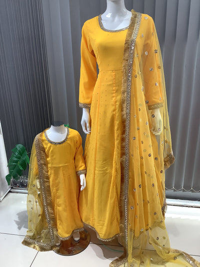 ASHA | Embroidered Chiffon Dress Mother & Daughter Readymade Yellow | AS63