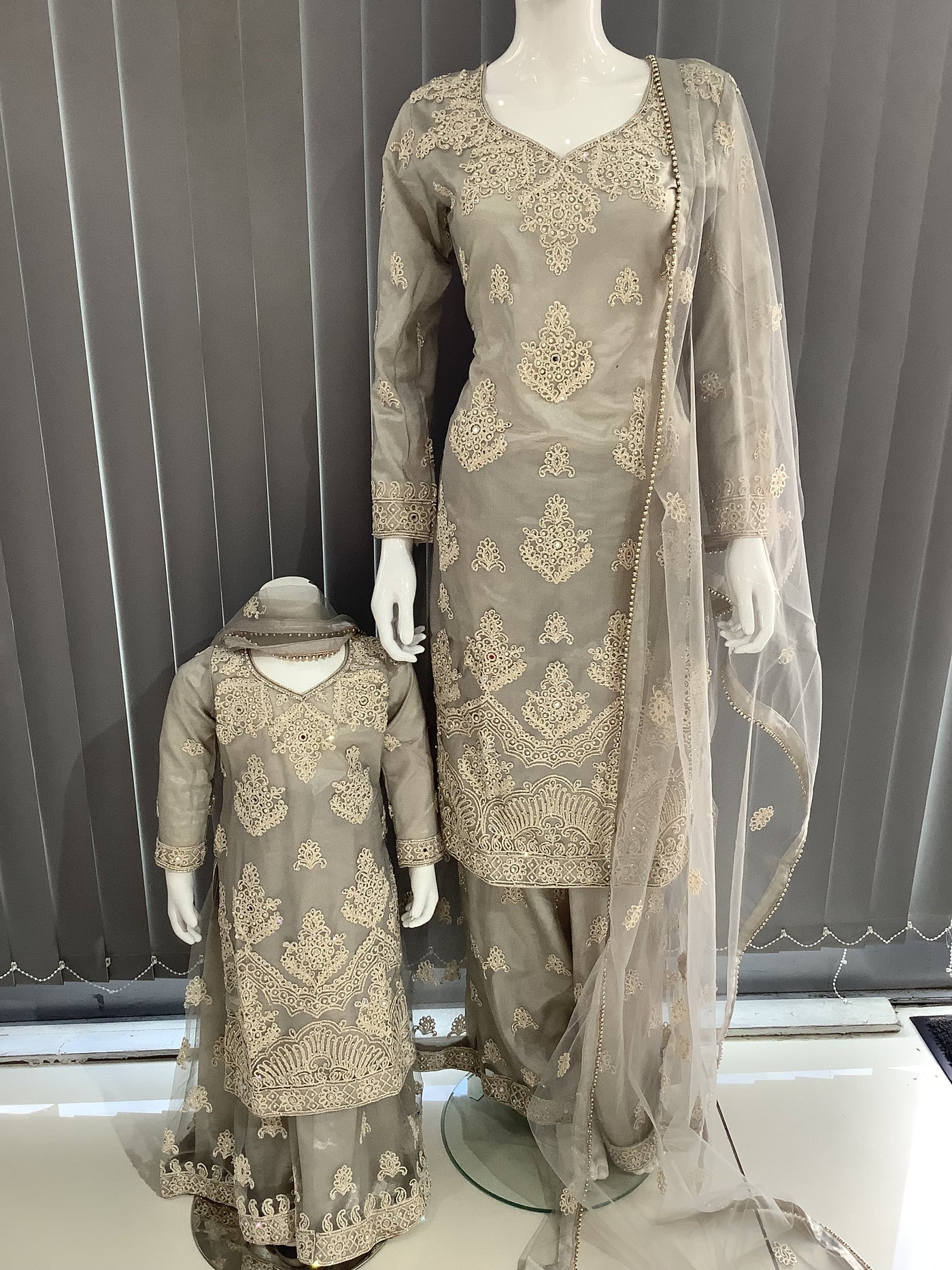 ASHA | Embroidered Net Dori Work Mother & Daughter Dress Ready To Wear Grey| AS67