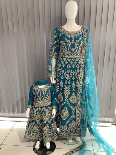 ASHA | Embroidered Net Dori Work Mother & Daughter Dress Ready To Wear Teal | AS59