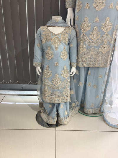 ASHA | Embroidered Net Dori Work Mother & Daughter Dress Ready To Wear Light Blue| AS67