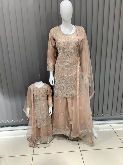 ASHA | Embroidered Net Mother & Daughter Ready To Wear Peach | AS74