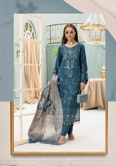 SIMRANS ‘Rozana 2.0’ | Embroidered Linen Readymade | SM672 (Teal)