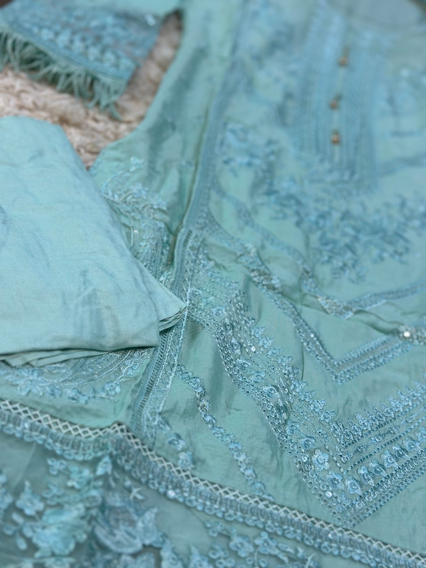 S Creations ‘Muskaan’ | Embroidered Linen Readymade | SC105 (Turquoise)