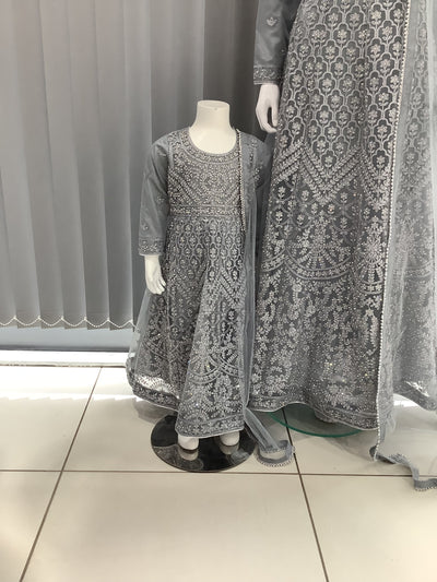 ASHA | Embroidered Net Mother & Daughter Ready To Wear  Grey| AS30