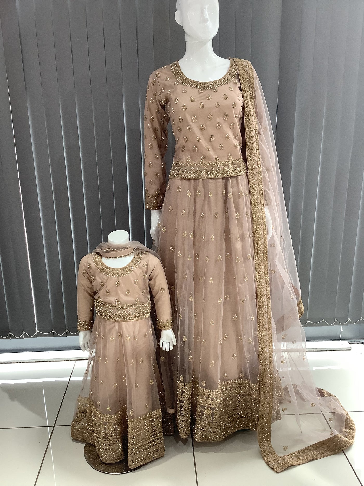 ASHA | Embroidered Net Dori Work Mother & Daughter Lehanga Choli Ready To Wear Dusty Pink | AS58