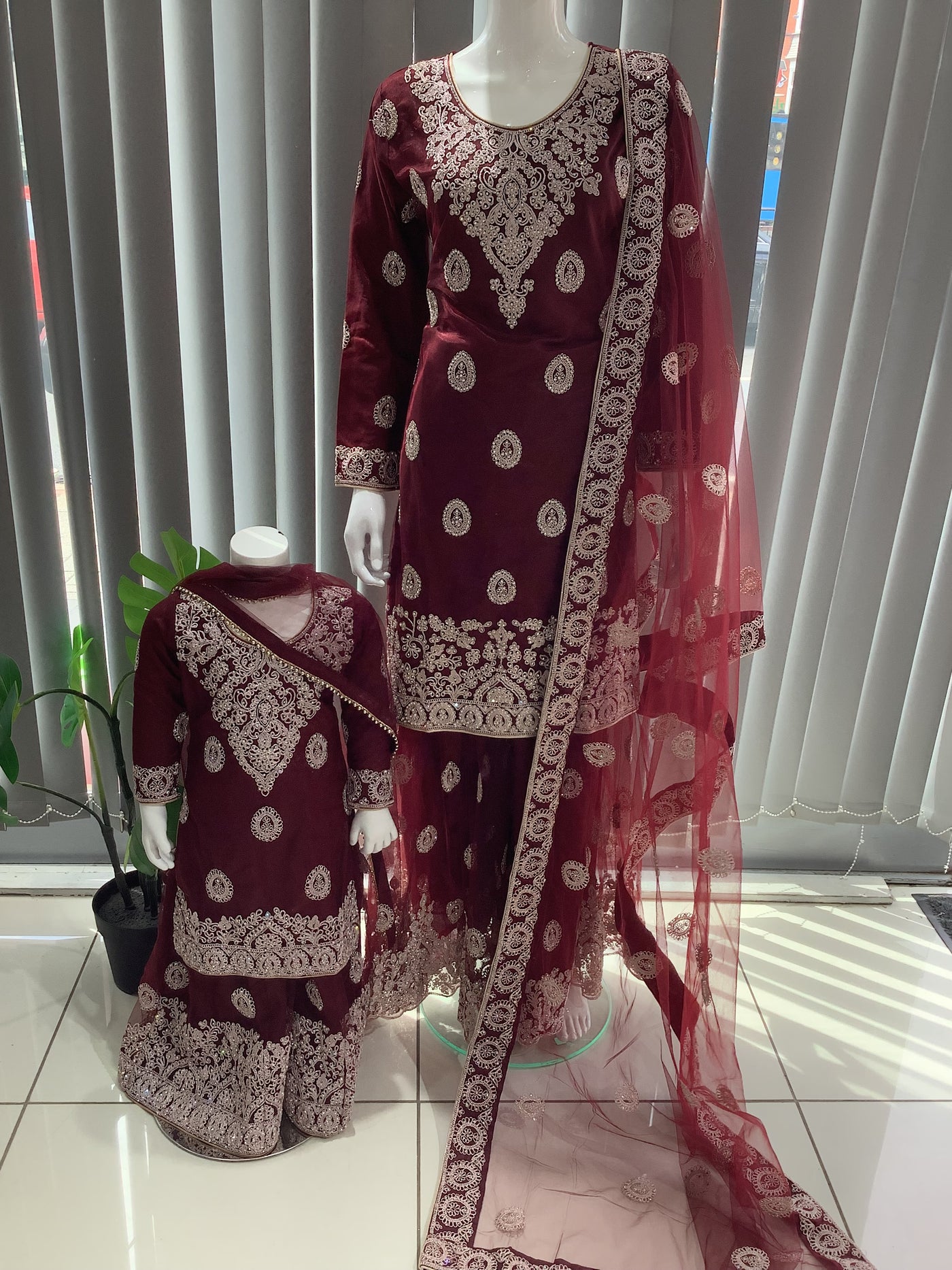 ASHA | Embroidered Net Dori Work Mother & Daughter Dress Ready To Wear Burgundy| AS66