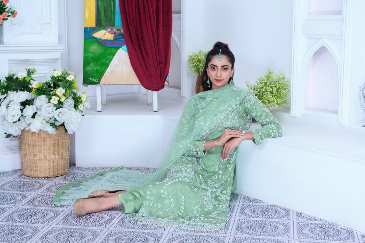 S Creations ‘Maya’ | Embroidered Net Formal Readymade | SC134 (Mint Green)