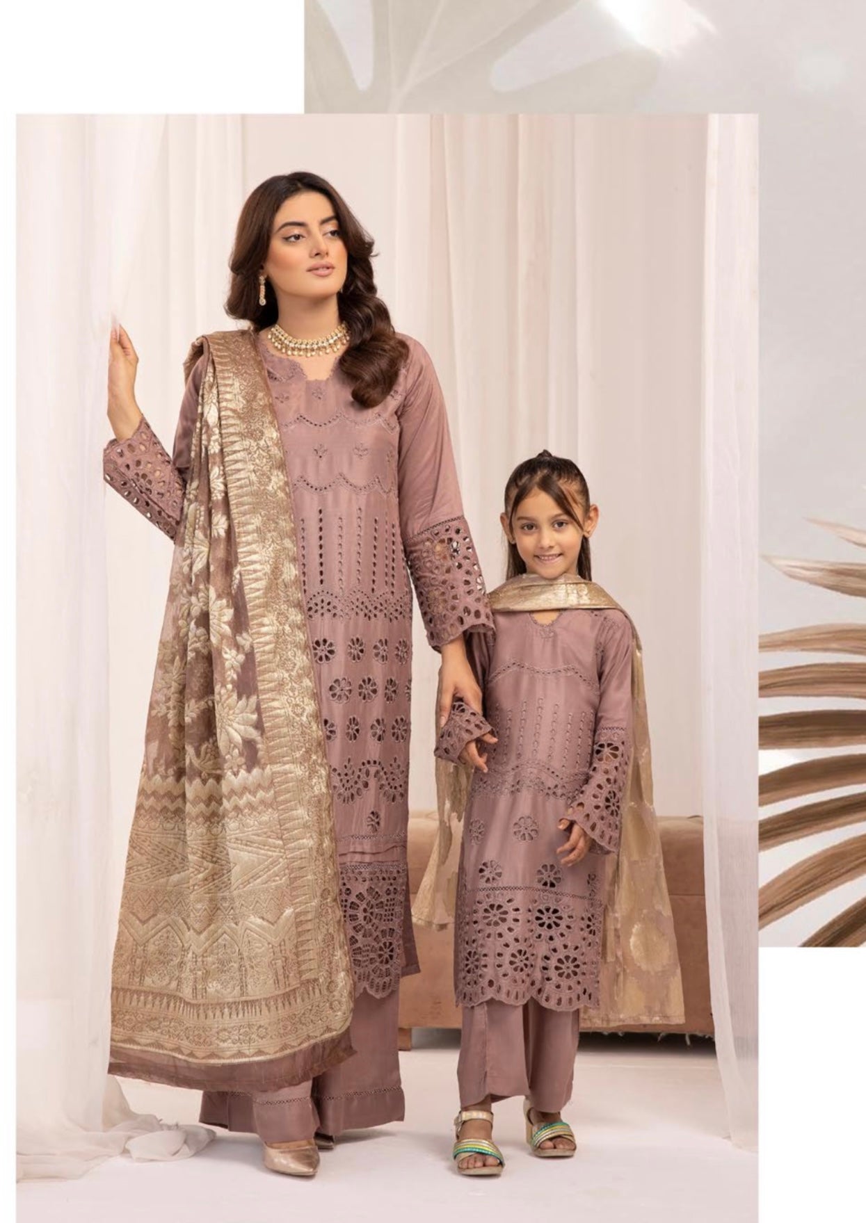 SIMRANS ‘IVY’ | Embroidered Chikankari Mother & Daughter Readymade | SM562 (Brown)